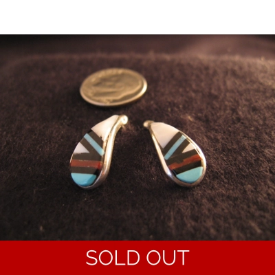 Silver Teardrop Post Earrings with Jet, Coral, Turquoise, & M.o.p. by Janadine Charlie